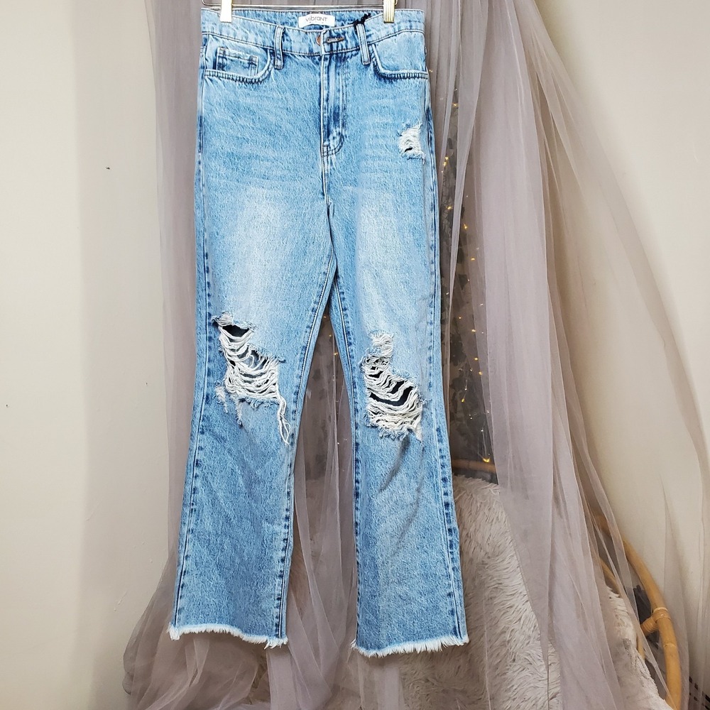 Y2K Distressed Bootcut Jeans Biker Western Blue Denim Frayed Hem Boho Size 29x30